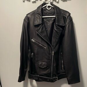 Oversized black leather moto jacket size XL.